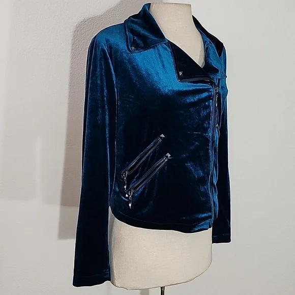 Badgley Mischka Jacket Velvet Chic Moto Turquoise Size S - Picture 5 of 16